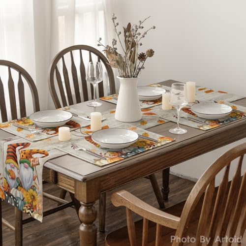 Wood Gnomes Pumpkin Fall Placemats Set of 4 - 12x18 Inch Rectangular Seasonal Table Decor