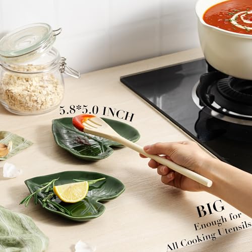 Leaf-Shaped Ceramic Spoon Rest for Kitchen Counter - 5.8"