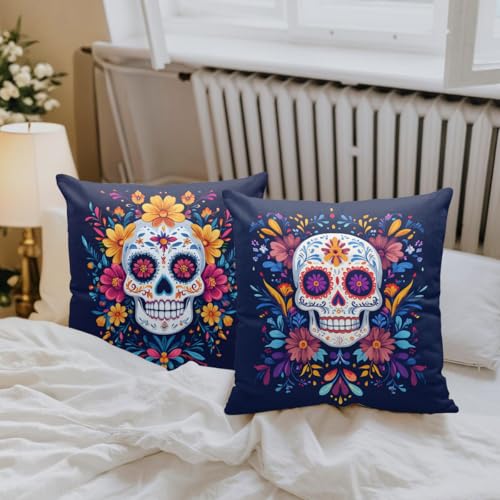 Sugar Skull Throw Pillow Covers 18x18 Inch - Set of 4 Floral Sofa Cases