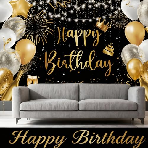 Large Black and Gold Happy Birthday Banner - 71x43 Inch Party Backdrop