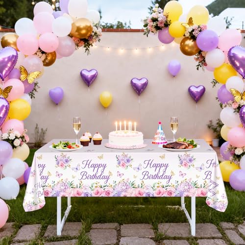 Avezano 3-Pack Purple Floral Birthday Tablecloths - 108x54 in