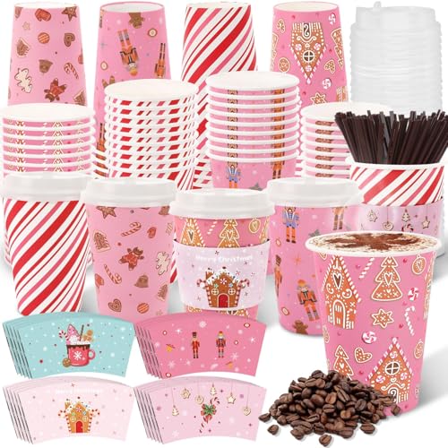 Pink Christmas Paper Cups with Lids & Sleeves - 16oz Holiday Party Drinkware