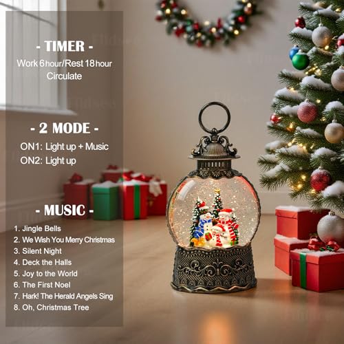 Christmas Snow Globe Lantern with Musical Snowman & Squirrel - Snow Globe Light with Timer & USB/Battery Power - Holiday Indoor Decor - Snowman Family Variation