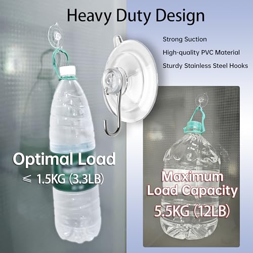 Suction Cup Hooks 12 Pack - 12LB Max Load, Clear Stainless Steel