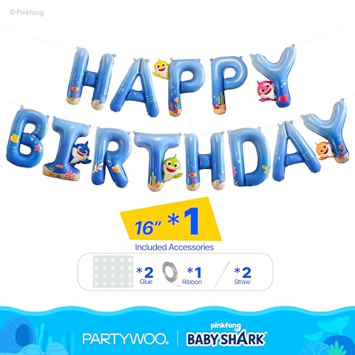 Blue Baby Shark Happy Birthday Banner Balloons - 16 Inch