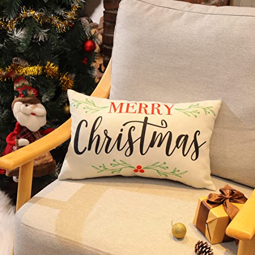 Merry Christmas Lumbar Pillow Cover, Holly Berry Linen 12x20 Inch - White