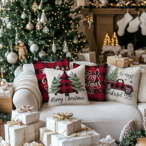 GEEORY Merry Christmas Throw Pillow Covers Set of 4, 18x18 Inch Multicolor