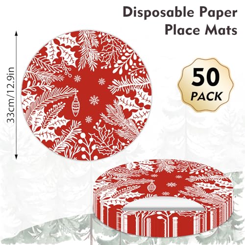 Christmas Red Placemats 50 Pack - Pine Leaves & Holly Holiday Tableware