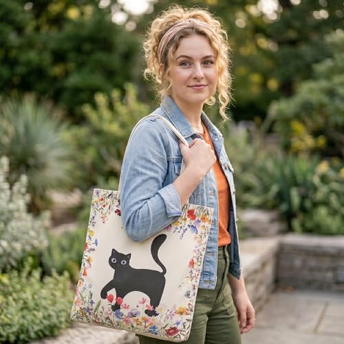 Qirrmiy Canvas Tote Bag for Women with Zipper Pocket - Floral & Cat Design