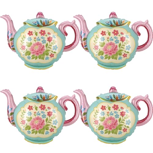 35" Green Blue Teapot Balloons - 4 Pcs Foil Tea Party Decorations