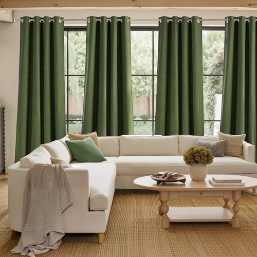 NICETOWN Faux Linen Blackout Curtains - Forest Green, 42"W x 63"L, Set of 2