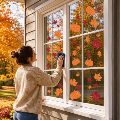 Glitter Fall Halloween Christmas Window Clings - 9 Sheets Decorative Holiday Stickers