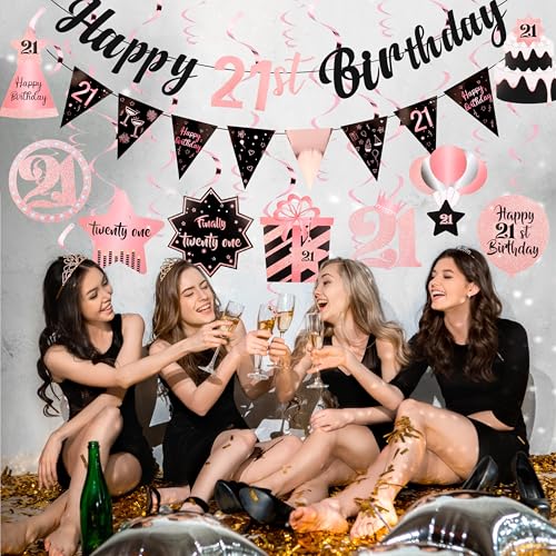 Rose Gold 21st Birthday Decorations Set - Pre-Assembled Banner & Swirls