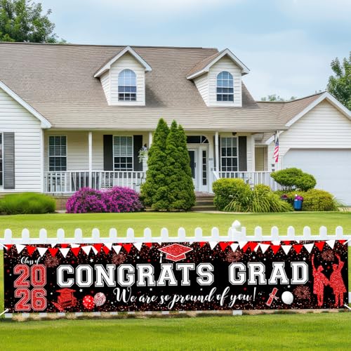 Large Red Black Graduation Banner - Class of 2026 Congrats Grad