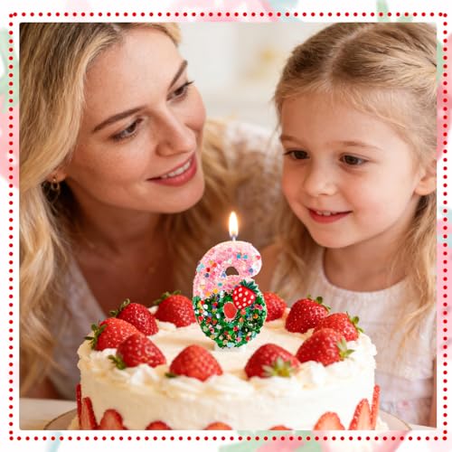 Strawberry Number 3 Birthday Candle - Pink Green Glitter Cake Topper