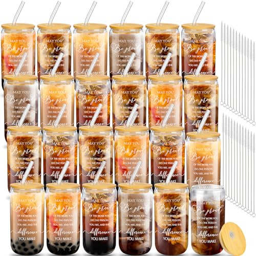 Layhit Elegant Style 24 Pack Thank You Glass Cups with Lids & Straws, 16 oz Can Shaped Beer Glasses for Gifts
