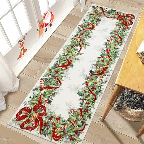 Christmas Washable Runner Rug Bell Leaves White 2x6ft - Holiday Decor