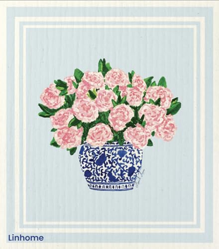 Linhome Garden Collection Swedish Dishcloth - Pink Peony, Reusable & Compostable