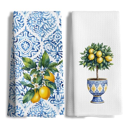 Chinoiserie Lemon Hand Towels - Set of 2, 16x24 Inch Decorative Kitchen & Bathroom Towels