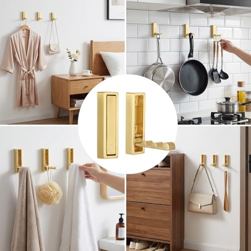 4 Folding Coat Hooks - Gold Zinc Alloy Towel & Purse Hangers