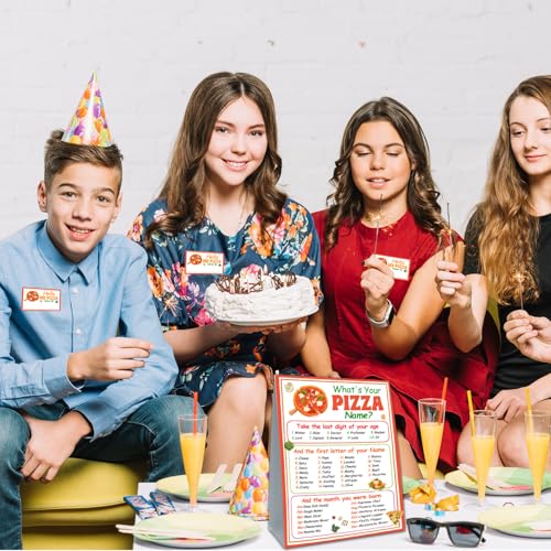 Pizza Name Game Card Set - 1 Sign & 30 Stickers | Guawubiang
