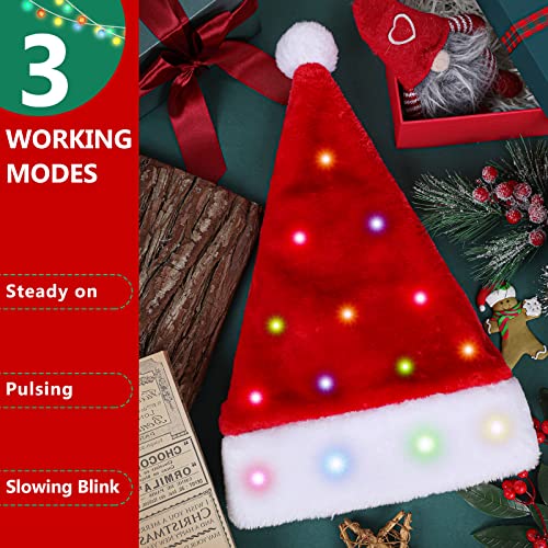 Light Up Christmas Santa Hat with LED Lights - Red, Plush Holiday Party Hats, 2 Pack