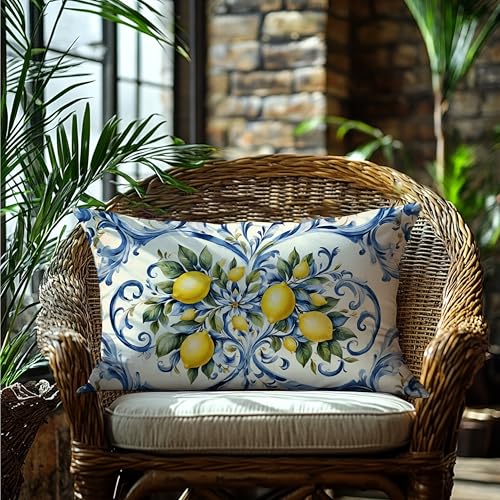 EUYTHNGYF 20x12 Blue Porcelain Lemon Coastal Pillow Cover - Italian Lemon Fruit Home Decor