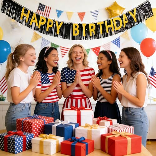 Black and Gold Happy Birthday Banner with Foil Fringe Curtain Kit