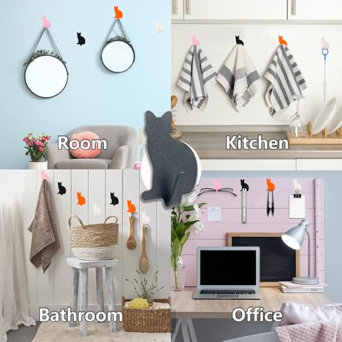 DueHoppee 8-Pack Adhesive Cat Wall Hooks, Black Stainless Steel Decor