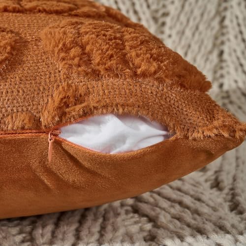 Volcanics Rust Pumpkin Fall Throw Pillow Covers 20x20 Set of 2 - Faux Fur Accent Cushions for Autumn Decor