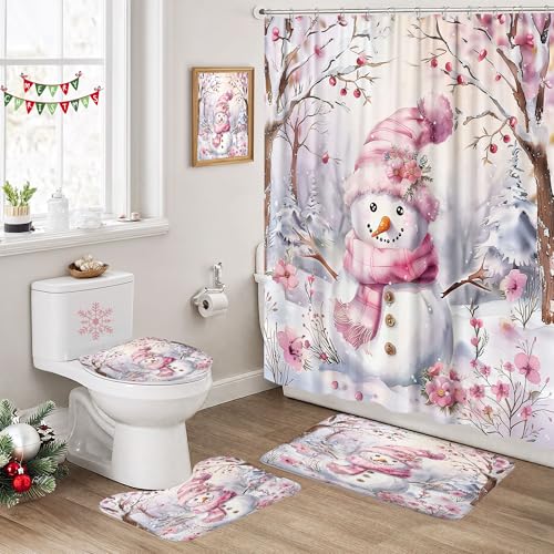 Pink Snowman Christmas Shower Curtain Set with Bath Mats and Toilet Cover