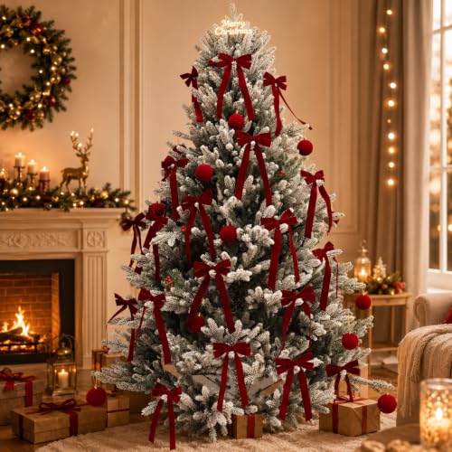 20 Pack Burgundy Velvet Christmas Bows with Long Tails - Holiday Tree Decorations