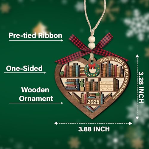 2025 Heart Bookshelf Ornament for Book Lovers | Wooden Keepsake