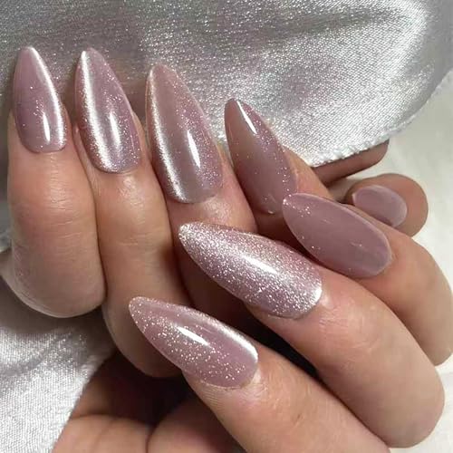 Purple Press on Nails Medium Almond Glitter Fake Nails Glossy Acrylic Kit