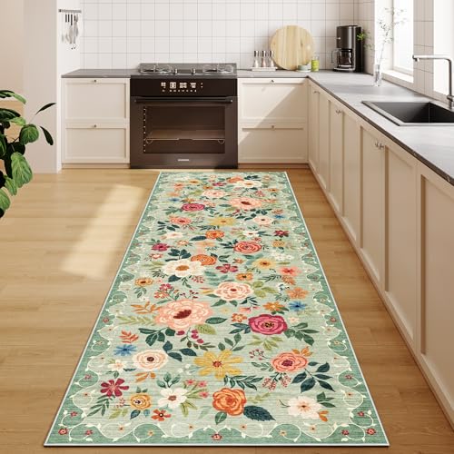 Green 2x6 Runner Rug for Hallway Washable Non Slip Low Pile Floral