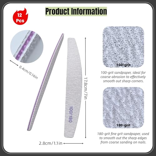 TIKIYOUN Curved Nail Files 12 Pcs - 100/180 Grit Dual-Sided Emery Boards