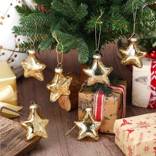 Gold Mercury Glass Christmas Star Ornaments Set - 3.15 Inch Holiday Decor