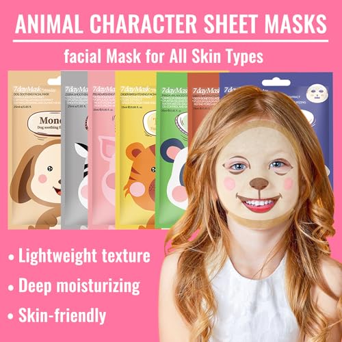 Minfei 7-Pack Animal Character Kids Face Mask Skin Care Hydrating Set