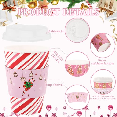 Pink Christmas Paper Cups with Lids & Sleeves - 16oz Holiday Party Drinkware