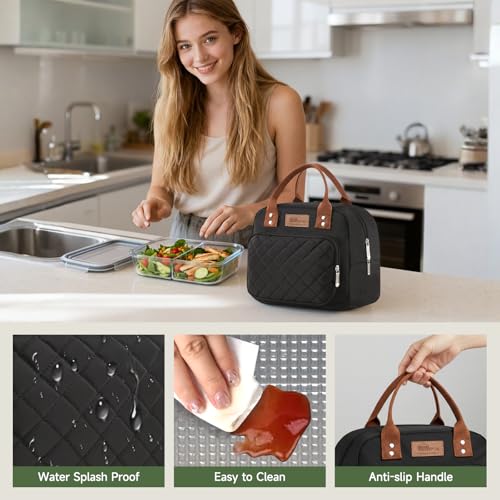 HOMESPON Black Insulated Lunch Bag - Water Resistant Tote with Pockets