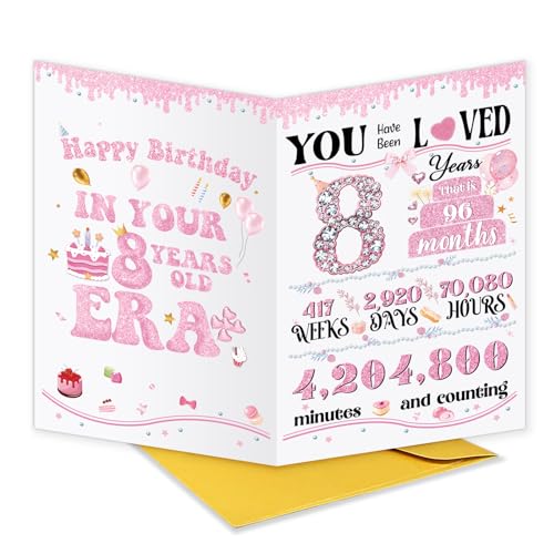 8th Birthday Card for Girls - Cute Greeting Card with Gold Foil