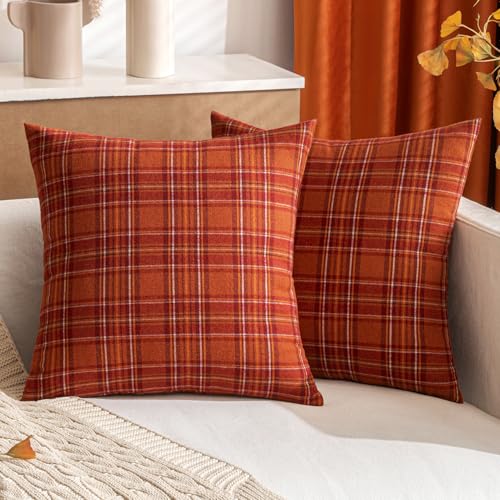 MIULEE Burnt Orange Plaid Pillow Covers 18x18 Inch - Set of 2