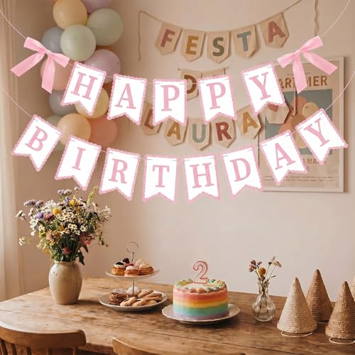 Pink Happy Birthday Banner with Bows | Party Decoration Set