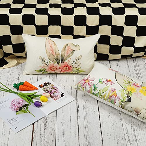 ONWAY Bunny Easter Throw Pillow Covers 12x20 Inch Set of 2