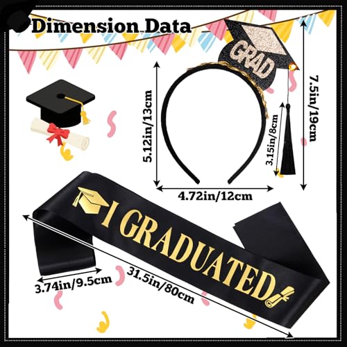 Graduation Cap Headband and Sash Set Black Gold Glitter Party Accessory