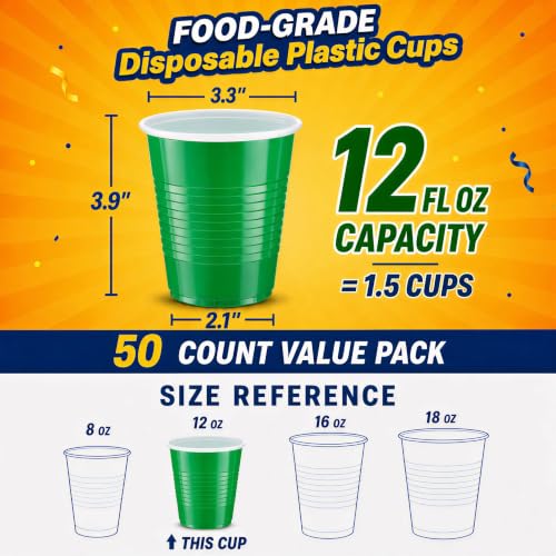 Glotoch Express Green Disposable Plastic Cups 12 oz - 50 Count, BPA-Free Party Drinkware