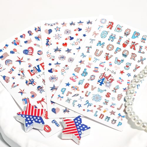 4th of July Nail Stickers - 6 Sheets Patriotic Red White and Blue Self-Adhesive Nail Decals