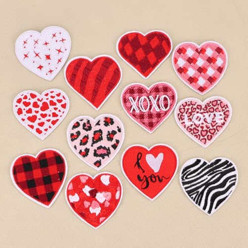 12 Assorted Embroidered Iron-On Heart Patches for DIY Clothing
