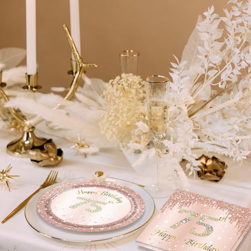 KHAIVI 75th Birthday Party Plates and Napkins Rose Gold 75 Year Old Tableware - 40 pcs