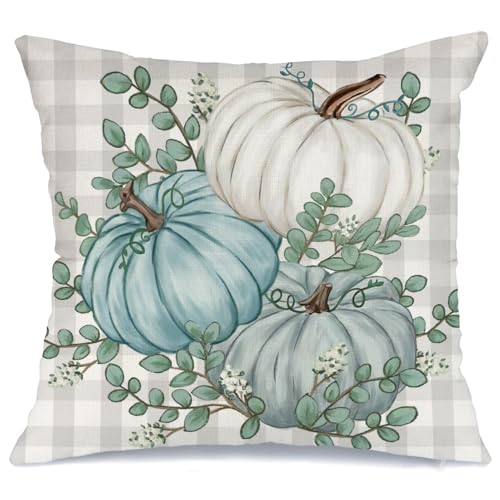 16x16 Inch Fall Pillow Cover - Buffalo Pumpkin & Eucalyptus Decor